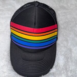 Rainbow Stripe Trucker Hat Black Mesh Pride LGBT Adjustable Cap
